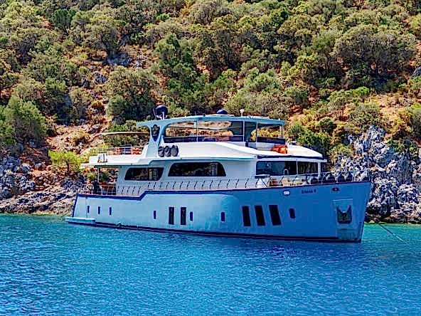Simay F is a 26m luxury trawler offering 4 elegant cabins, spacious flybridge, and relaxed cruising along the Turkish Riviera.